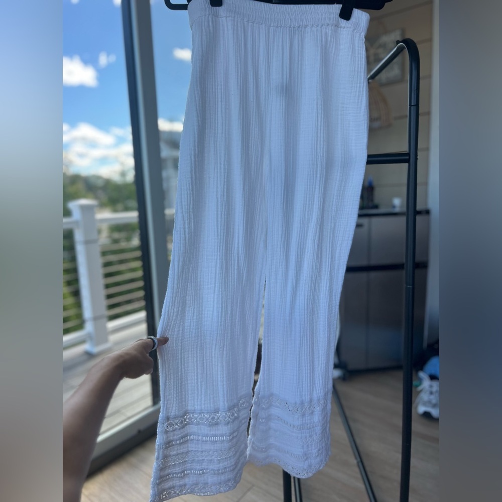 Anthropologie White Textured Wide-Leg Pants with Lace Trim